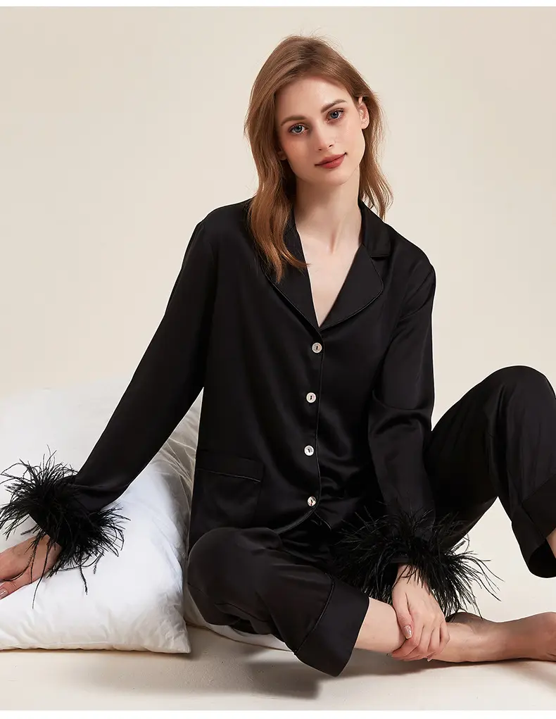 NANTEX – pyjama en soie pour femmes, ensemble de deux pièces, teinture de plumes, décontracté, à manches longues, de luxe, vêtements de nuit pour femmes