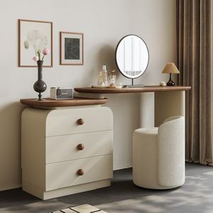 Commode de chambre à coucher en MDF de style rétro moderne français avec panneau LED, table rétractable éclairée, petits tiroirs et miroir intégré sur pied - Product Image 4
