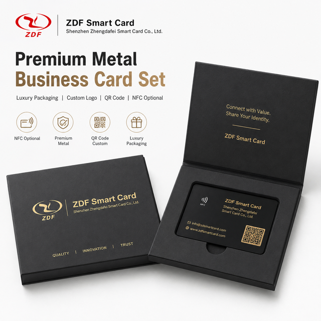 ZDF 2025 Matte Black Gold Metal NFC QR Code Business Card with Gift Box Packaging 13.56MHz Waterproof Digital Cardholder