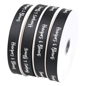 2cm Black Grosgrain Ribbon With White Printing Gift Box Packing Factory Wholesale Directly Selling High Quality Ribbon