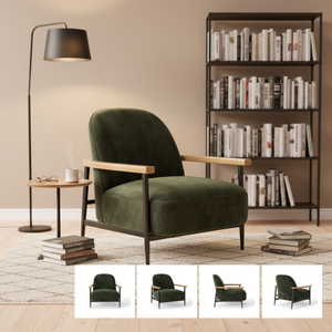 Sillón de Diseño Europeo Moderno para Dormitorio, Sala de Estar, Ocio, Estilo Francés, de Madera, Verde, con Brazos de Terciopelo - Product Image 4