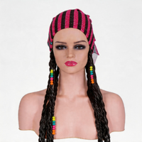 Perruque tressée synthétique longue et épaisse noire avec foulard à rayures scintillantes et perles colorées pour femmes, idéale pour Halloween et le cosplay