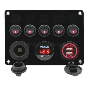 IP65 5 Gang 4.2A pengisi daya USB ganda soket lampu rokok Voltmeter tampilan ON OFF hitam 12V 24V Panel saklar Rocker laut