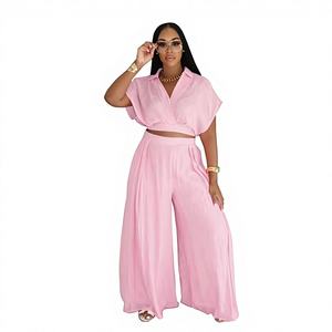 Conjunto de Verano: Top Corto a Cuadros y Pantalones de Pierna Ancha de Cintura Alta con Cuello y Solapa, Diseño Casual de Poliéster de Longitud Completa - Product Image 1