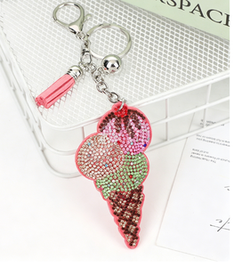 Porte-clés <span class=keywords><strong>Glace</strong></span> Bling avec Pompon, Breloque <span class=keywords><strong>de</strong></span> Sac en Strass Colorés, Cadeau Alimentaire Adorable - Product Image 2