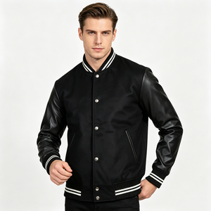 Veste universitaire classique personnalisée pour homme, veste bomber de baseball streetwear unie avec manches en similicuir et poignets rayés - Product Image 1
