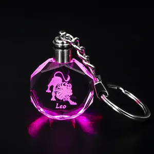 2024 cheap wholesale 12 zodiac k9 leo crystal glass keychain custom 3d led light healing crystal keychain for Souvenir Gift