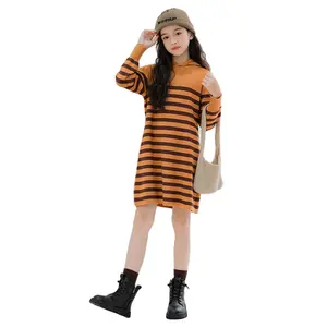2024 Spring New Girl's dress Girl's straight tube thickened knitted woolen dress Sports hooded striped knit dress