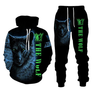 Set di abbigliamento sportivo 2 pezzi personalizzato con stampa lupo da uomo con cappuccio e pantaloni da Jogger per coppie sportive - Product Image 6