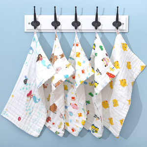 Serviette <span class=keywords><strong>de</strong></span> toilette carrée en gaze <span class=keywords><strong>de</strong></span> coton six couches pour enfants, motif dessin animé imprimé, tissage uni, pour bébé, vente en gros - Product Image 4