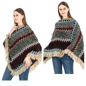 Factory Wholesale High Quality Colorful Ethnic Scarf Poncho Cape Acrylic Knit Scarfs Shawl For Women