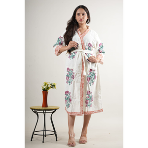 Kimono de Algodón con Bordado Floral para Mujer, Cuello en V, Manga Tres Cuartos, Largo hasta la Rodilla, Corte Holgado, Bordado a Mano, Ropa de Estar por Casa para Primavera - Product Image 1