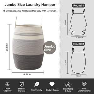 Oiahomy Wasmand Geweven Katoenen Touw Grote Kleding Mand 25.6 "Hoogte Hoge Wasmand Met Verlengde Katoenen Handvatten - Product Image 2