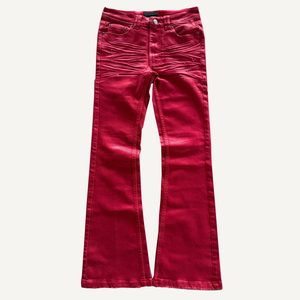 Red Flare Denim Jeans High Waist Ruched Solid Color Casual Cotton <b>Pants</b> Spring Style Stacked <b>Boot</b> Cut Midweight Fabric Jeans - Product Image 1