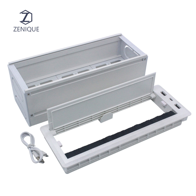 300MM Soft Closing Hole Cover Wire Management Box Brush Metal Rectangle Desk Power Cable Grommet with Detachable 86 Hole Box