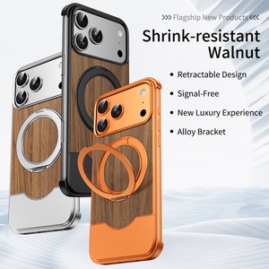 Walnut Wood Back Panel Magnetic Phone Case for <b>iPhone</b> 17 13 14 15 16 Pro Max With 360° Stand Aluminum Frameless Shockproof Cover - Product Image 2