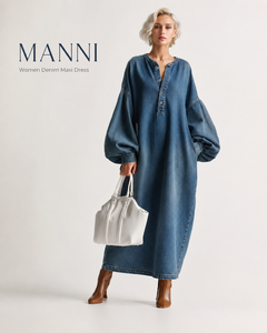 Abito da Donna Personalizzato, Vestito in Denim Blu con Maniche a Sbuffo, Vestito Lungo Estivo da Donna - Product Image 1