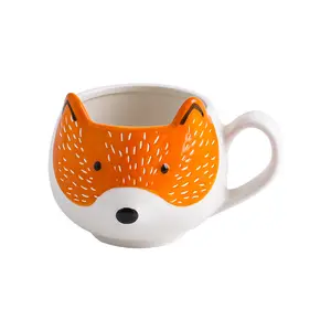 Tasse à café 3D en grès, peint à la main, en céramique, pour le thé, en style renard, accessoire animaux, couleurs Orange et blanc, 8 pièces