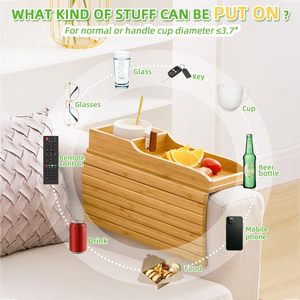 New Arrival Custom Eco-friendly Single Tier Foldable Carved Bamboo <b>Sofa</b> <b>Arm</b> <b>Tray</b> Cup Holder Coaster Modern for Living Room - Product Image 3