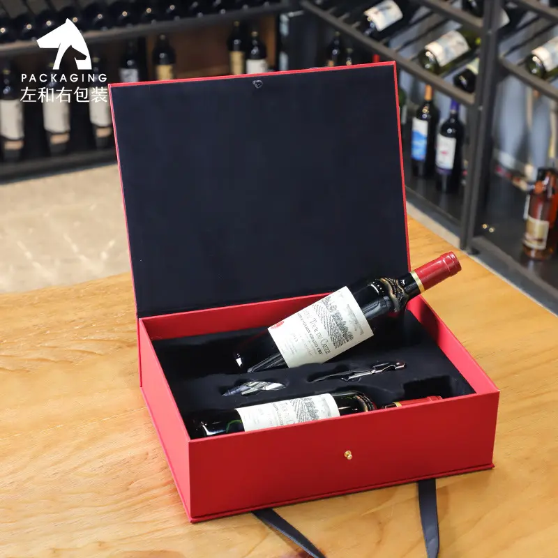 Caixa de presente portátil de vinho tinto, luxuosa, personalizada, de couro, caixa de vinho novo, com copo, caixa de vidro portátil