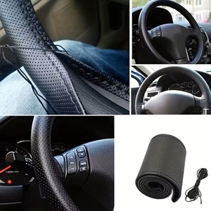Housse de <span class=keywords><strong>volant</strong></span> de voiture universelle en <span class=keywords><strong>cuir</strong></span> cousue <span class=keywords><strong>à</strong></span> la main, style sport, haute qualité, design personnalisé, disponible en 38 cm et 40 cm - Product Image 3