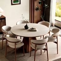Table à manger ronde en pierre frittée de style Mid-Century, base en bois massif évasée, style Wabi Sabi, pour salle à manger