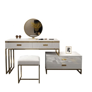 Modern Dressing <strong>Table</strong> Set with Round Mirror Luxury High <strong>Gloss</strong> <strong>White</strong> Wood Makeup Vanity <strong>Table</strong> - Product Image 2