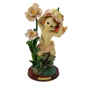 Artificial Style Resin Craft Statue Flower Fairy Figurine with Wooden Seat for Home Decoration Love Theme Desktop Decoration