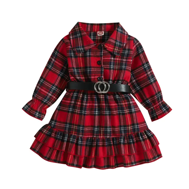 2023 Neues Design Kinder kleidung Kinder Weihnachten Rot Plaid Rüschen kleid Mit Gürtel Mädchen Kleider