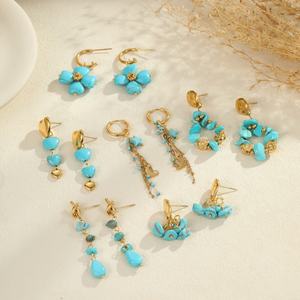 Винтажный Синий Бирюзовый комплект ювелирных изделий, свадебный набор из натурального камня, серьги-кольца из нержавеющей стали, ювелирный набор для подарка на вечеринку - Product Image 3