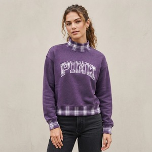 Sudadera Nueva 100% Algodón para Mujer, Color Borgoña, con Apliques de Letras, Ribete a Cuadros en Contraste, Hombros Caídos, Cuello Redondo - Product Image 5