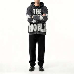 Commande en gros directe d'usine : Sweat à capuche unisexe surdimensionné avec fermeture éclair, broderie de lettres et patchs effilochés, en coton épais 400 g/m², pour tournées de concerts - Product Image 1