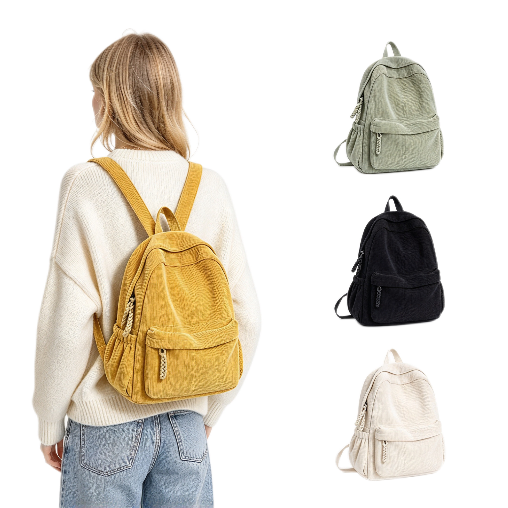 Solid Corduroy Waterproof Zipper Mini Backpack