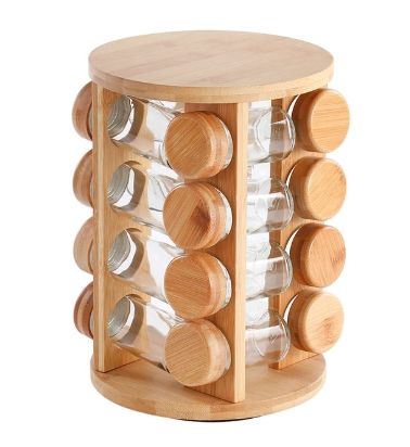 ชั้นวางไม้ไผ่พร้อมขวดเครื่องเทศ 16 ชิ้นพร้อมฝาไม้ไผ่