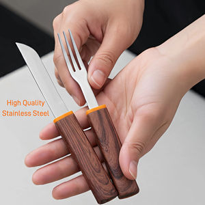 Ensemble couteau et fourchette 2-en-1 en acier inoxydable, portable pour camping, extérieur, fête, avec étui pour fourchette à dessert et couteau d'office, ensemble de couteaux en bois - Product Image 2