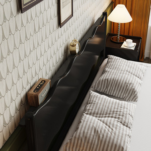 Cama Doble Negra de Madera Maciza de Estilo Nórdico de 1.8 m, Cama Moderna Minimalista con Diseño de Ondas, Cama Matrimonial, Cama de Boda, Muebles Retro - Product Image 2