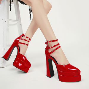 여성용 울트라하이 14cm 더블 플랫폼 펌프스 뾰족한 앞코 청키 힐 버클 스트랩 파티 샌들 대형 사이즈 42 여름용 - Product Image 6