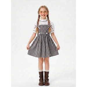Costume da Fattoria per Bambine in 2 Pezzi, Camicia con Colletto Alto e Maniche a Sbuffo, Grembiule a Quadri Bianco e Nero, Costume per Oktoberfest - Product Image 2