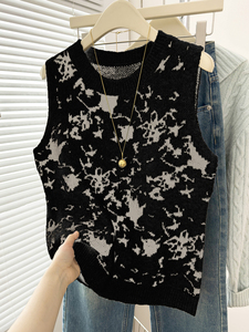 Chaleco de punto sin mangas para mujer con cuello redondo y estampado abstracto de salpicaduras de tinta, ajuste holgado, ideal para otoño e invierno como prenda exterior para capas. - Product Image 1