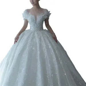 Gaun pernikahan manik-manik mewah baru kereta mewah leher-v tembus pandang gaun pernikahan putri Applique renda seksi dengan mutiara