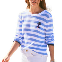 Pull décontracté personnalisé pour femme, motif ancre intarsia, 100 % coton, col rond, tricot rayé, style preppy nautique, vente en gros