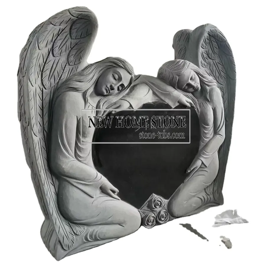 Granito negro Ángel estatua lápida monumento doble corazón cementerio lápidas lápida vertical precios