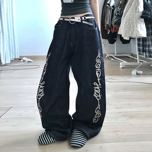 Jean décontracté taille basse noir ample brodé floral respirant style Y2K vintage pour femme grande taille - Product Image 5
