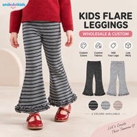 Smiledotkids Pantalons évasés personnalisés pour enfants, gris rayé, ourlet à volants, tricot côtelé, OEM ODM, vente en gros pour tout-petits