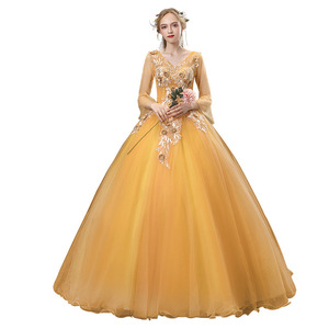 Evening Gown Ball Gown V Neck Chiffon Floral Print Empire Waist Long Sleeve Golden Yellow Women's Dress - Product Image 5