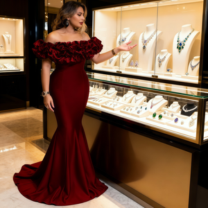 Gaun pesta malam resmi wanita model mermaid satu bahu, panjang lantai, dengan detail floral, bra built-in, desain modern. - Product Image 4