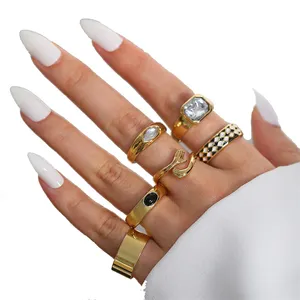 Jewelry Fashion Per Set No Fade Square Round Cubic Diamond Ring Set Geometric Gold Plated Zircon Rings For Girls