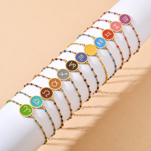 Pulsera chapada en oro de acero inoxidable a la moda, gota de aceite bohemio, 12 pulseras del zodiaco, pulseras de cadena de cuentas - Product Image 1