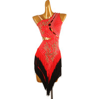 Robe de danse courte à col en V, bretelles spaghetti, dégradé de couleurs à sequins, avec franges, pour la danse latine, performance et compétition