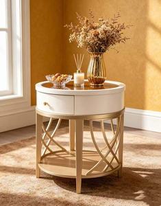 White & Gold Round End <b>Table</b> with <b>Drawer</b> and Shelf Modern Living Room Accent <b>Side</b> <b>Table</b> - Product Image 5